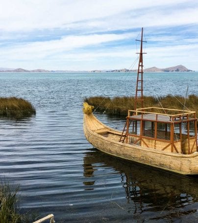 Boat sits on lake in Bolivia